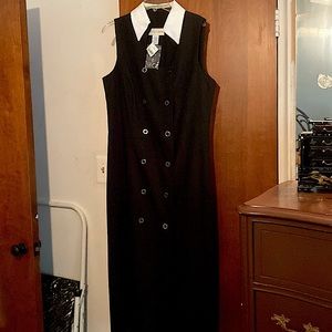 Long vintage black double breasted dress with white collar